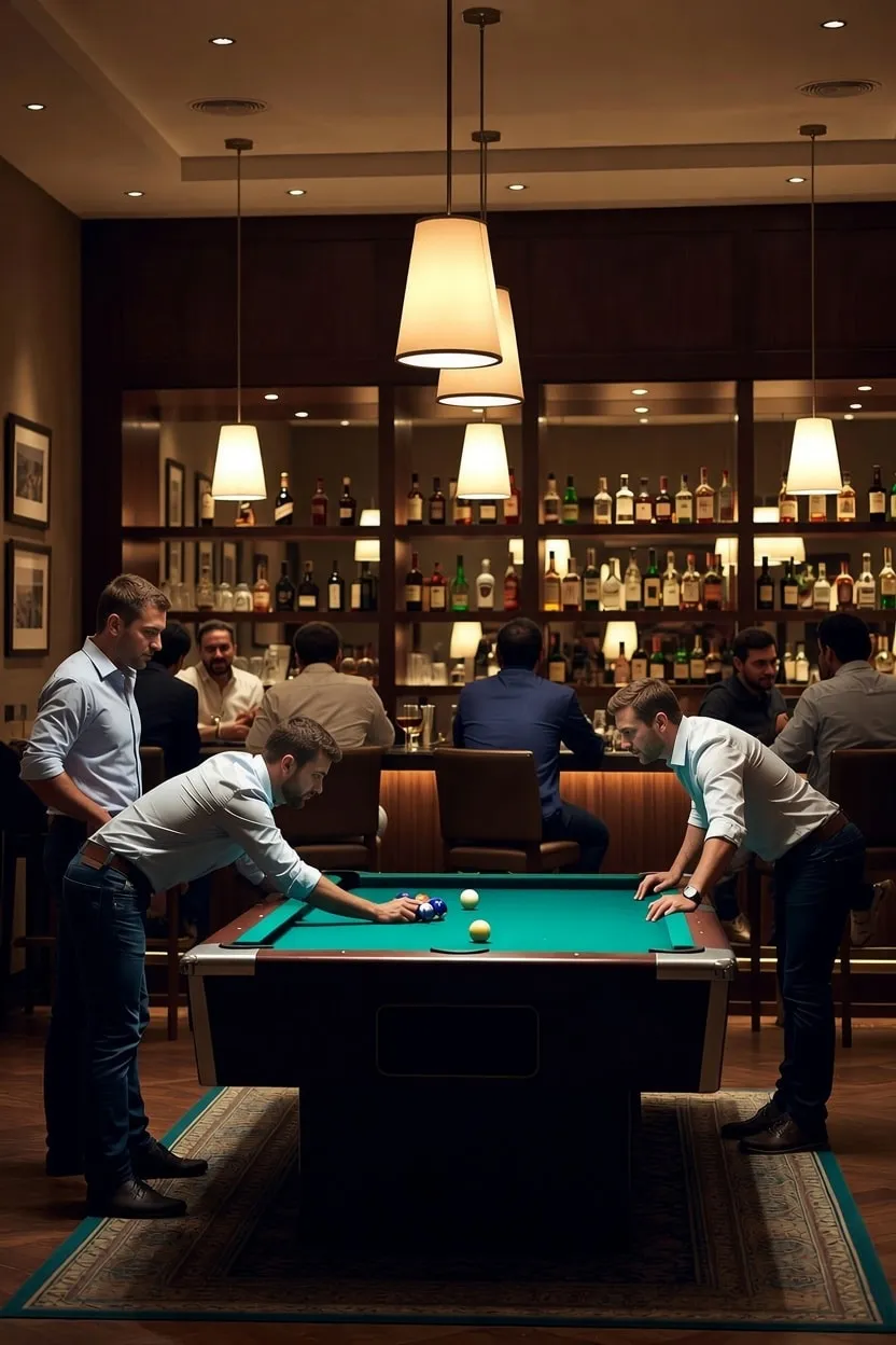 Hand pool billiards in an upscale lounge